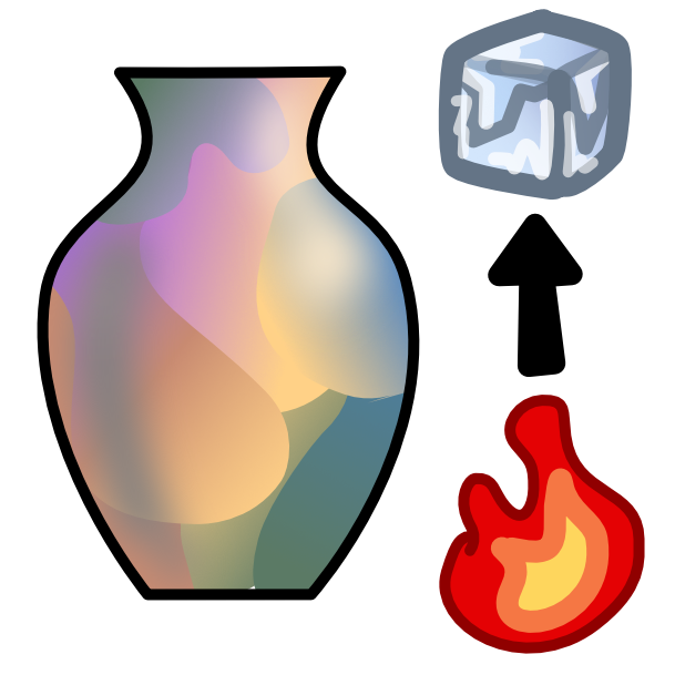 An image with dark line art shows a rainbow colored vase, like a copper matte glazed Raku vessel. Next to the pot is a small flame, with an arrow pointing from it up at an ice cube.